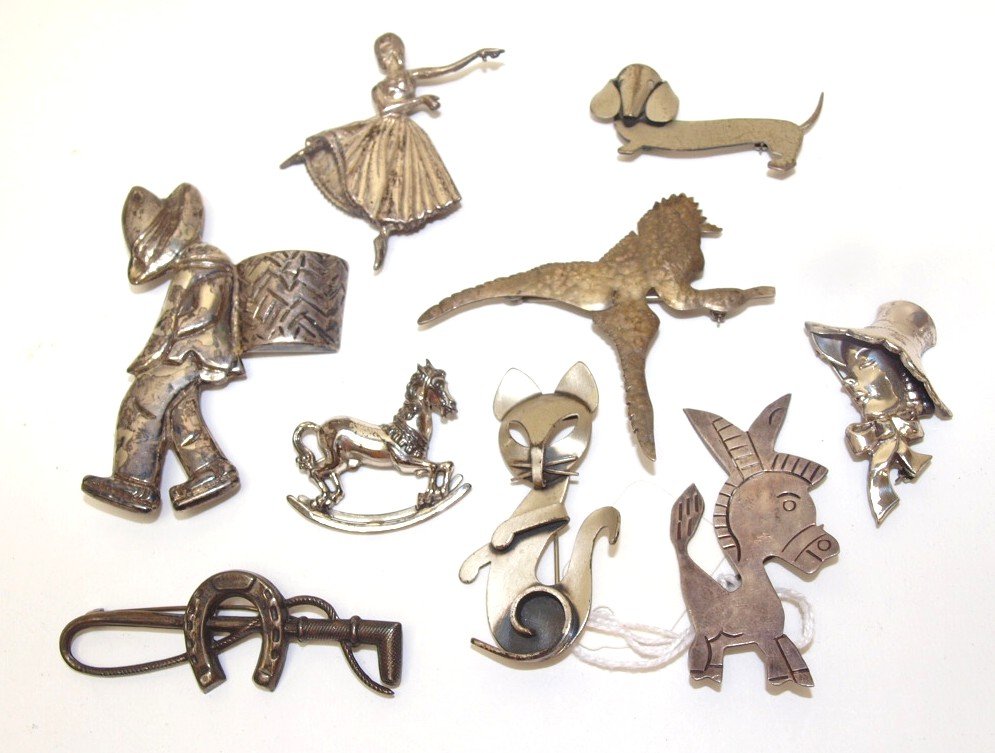 Lot of 9 sterling figural brooch pins (1 of 1)