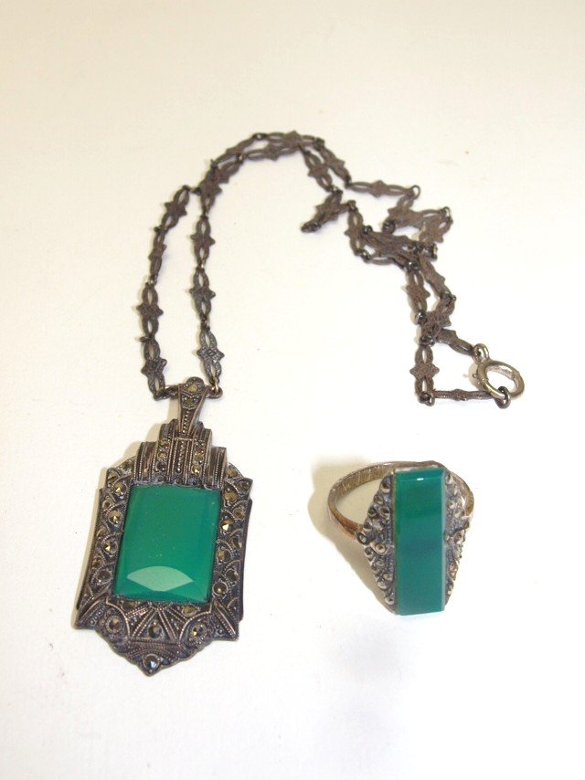 German Art Deco sterling marcasite necklace and ring (1 of 1)