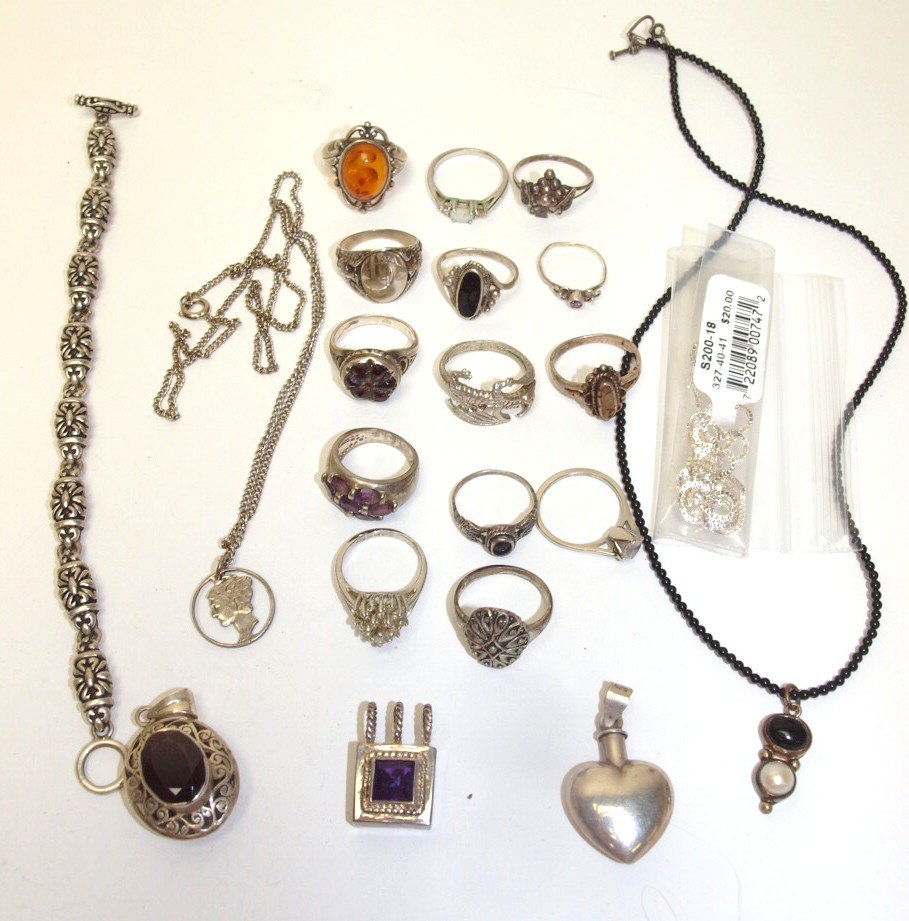 Sterling silver lot of 14 rings, 3 necklaces, 3 (1 of 1)