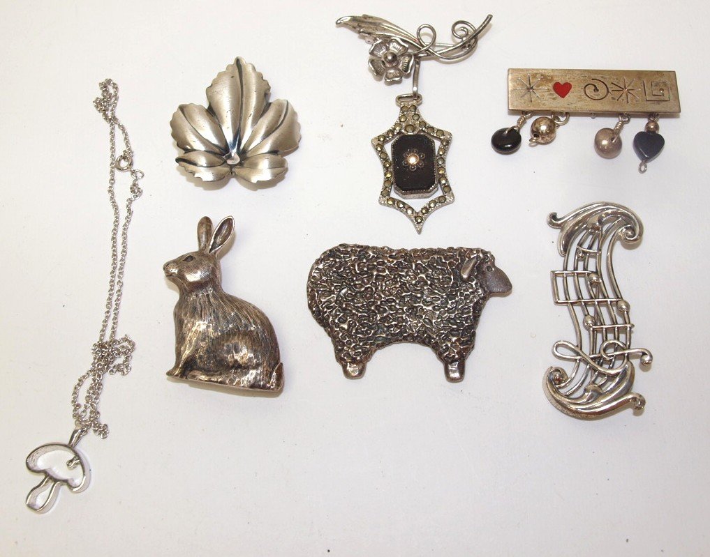 Sterling lot of 6 brooches & necklace (1 of 1)