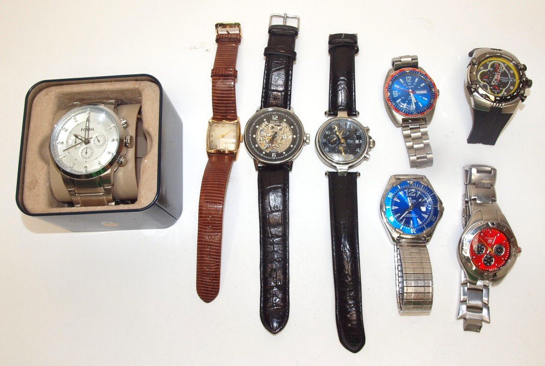 Lot of 8 mens watches: Fossil, Relic, Stauer, Clinton,: Lot of 8 mens watches: Fossil, Relic, Stauer, Clinton, & Pulsar