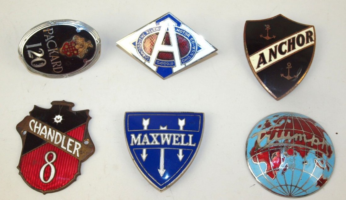 Lot of 6 enameled auto badge and emblems: Packard 120, (1 of 2)