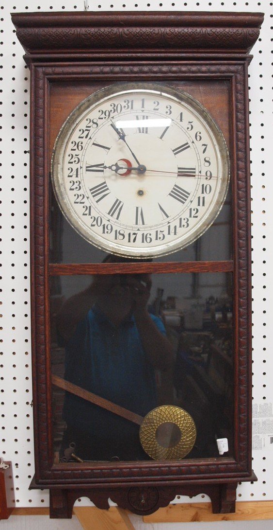 Oak Sessions wall regulator clock with calendar dial (1 of 1)