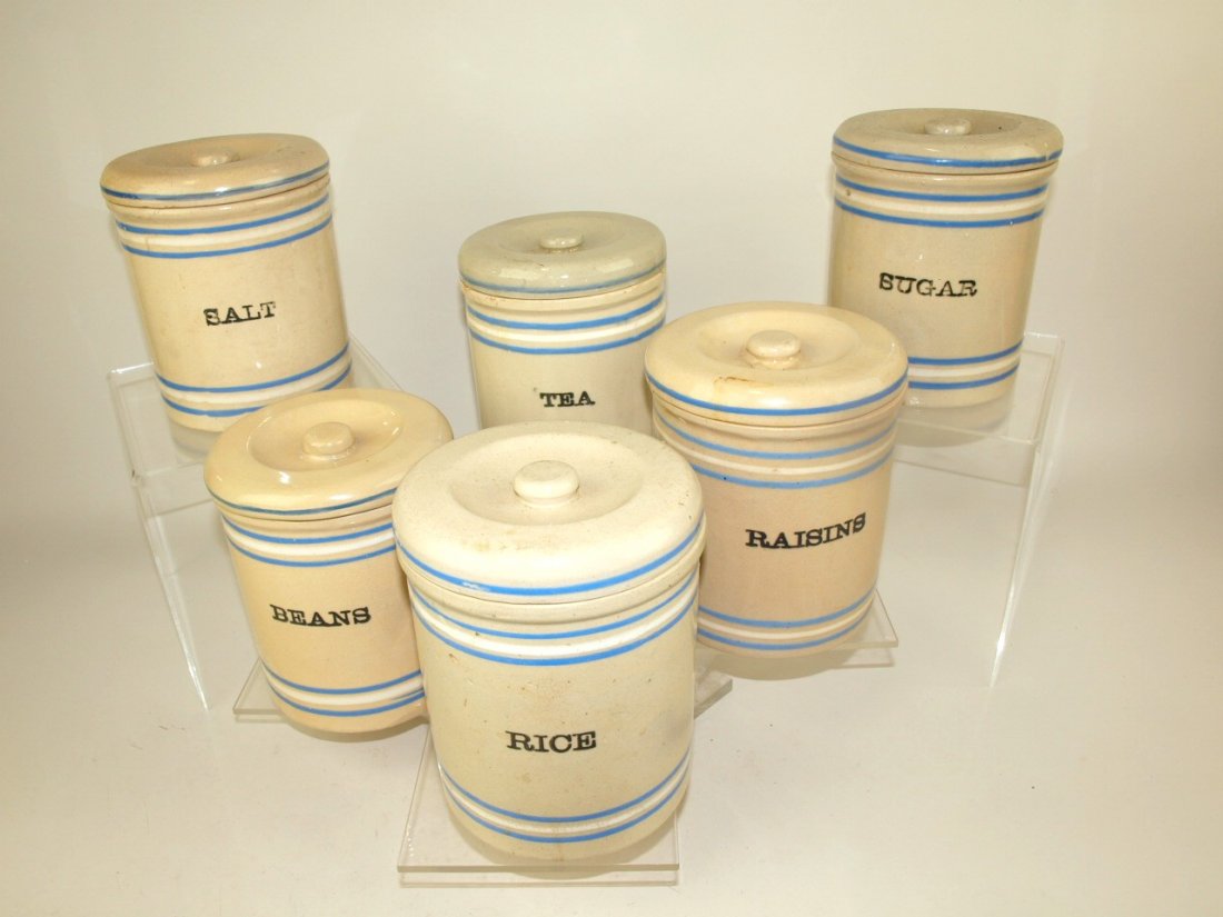 Blue & white stoneware 6 piece canister set 6 1/2": (1 of 1)