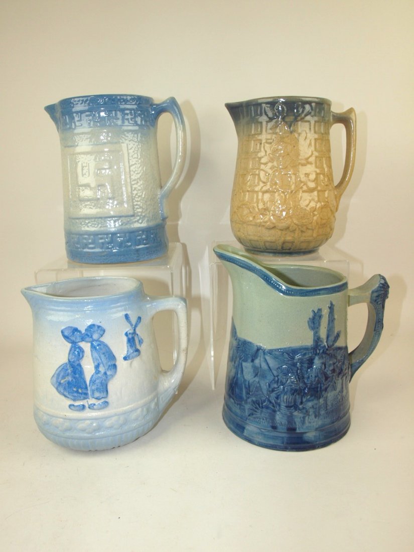 Blue & white stoneware lot of 4 pitchers, includiong (1 of 3)