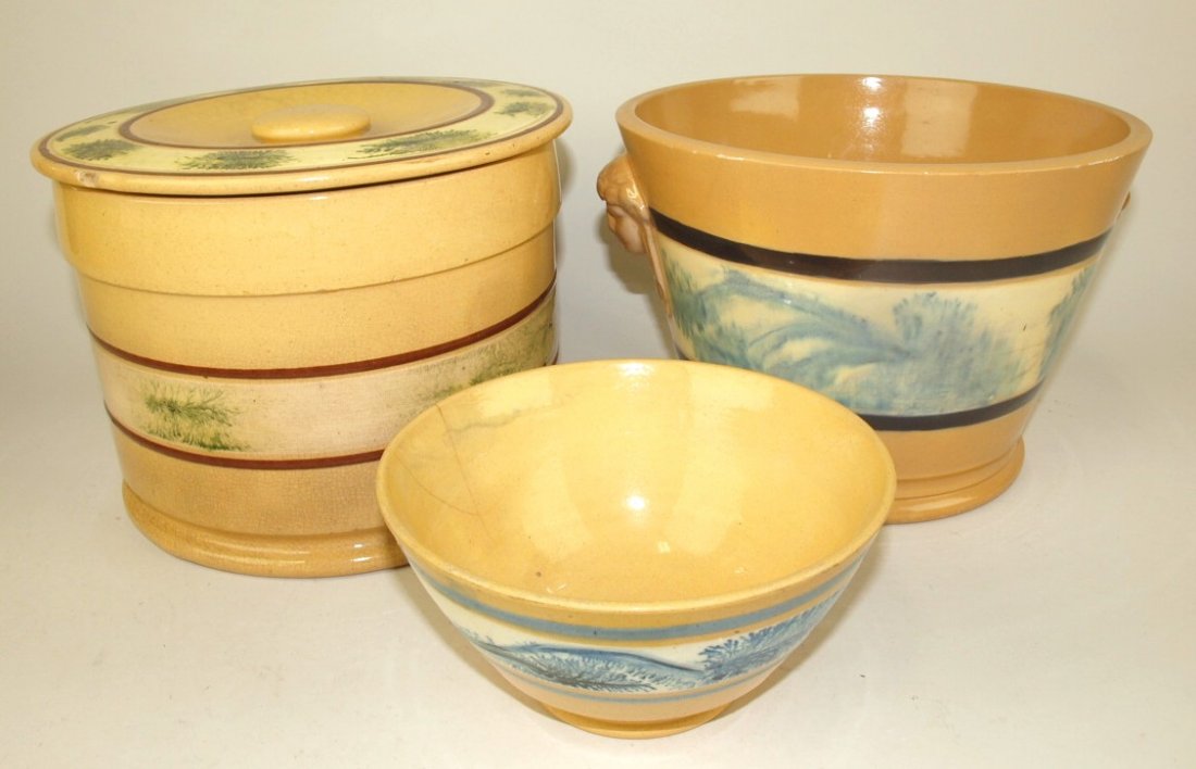 Yellow ware mocha ware lot of 3 pieces: covered jar 6 (1 of 3)