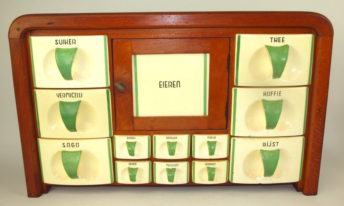Dutch German wall canister set with ceramic drawer bins (1 of 2)