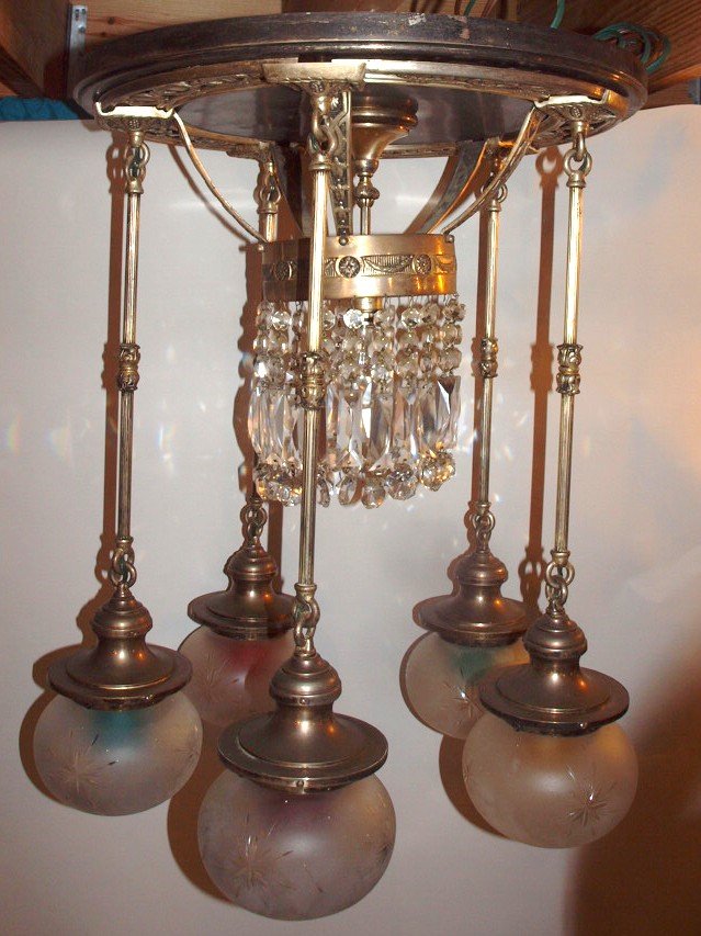 Nickel over brass 5 light fixture with cut shades, (1 of 2)