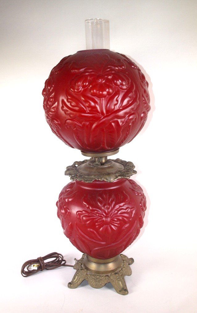 GWTW lamp with red satin glass poppy shade and font, (1 of 1)