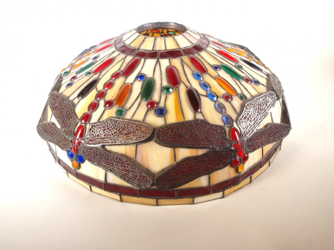 Tiffany style leaded glass dragonfly shade, 19 1/2"d: Tiffany style leaded glass dragonfly shade, 19 1/2"d