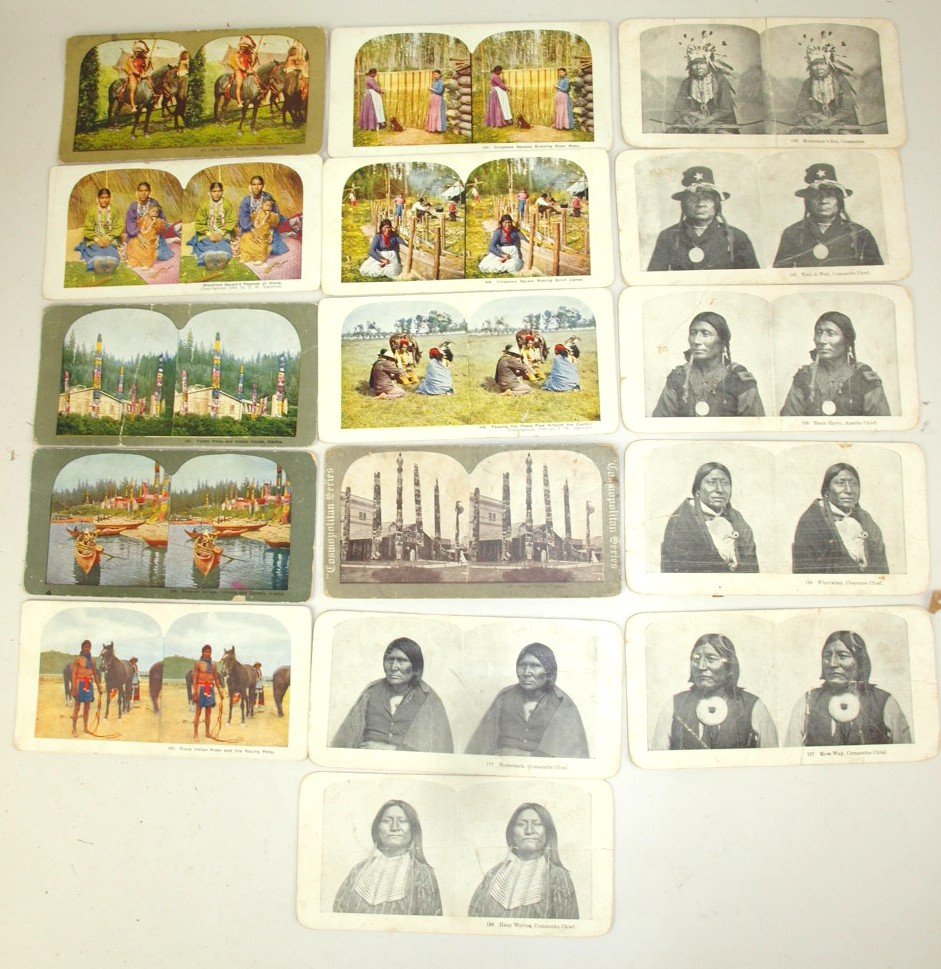 Lot of 16 Native American Indian stereo view cards: Lot of 16 Native American Indian stereo view cards featuring Indians, 7 are 2 sided