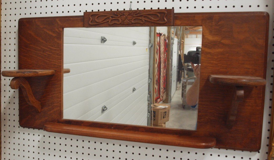 Oak arts and crafts wall mirror wtih shelves, 36" x 18" (1 of 1)