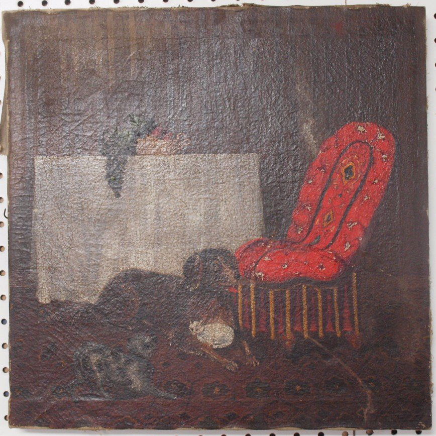 Primitive oil on canvas of red chair in parlor with dog (1 of 1)