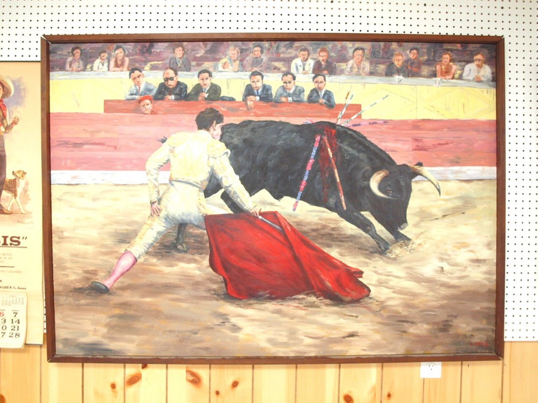 A Hays oil of canvas lot of 3 bull fighting paintings:: A Hays oil of canvas lot of 3 bull fighting paintings: 60" x 42", 22" x 30", 24" x 26"