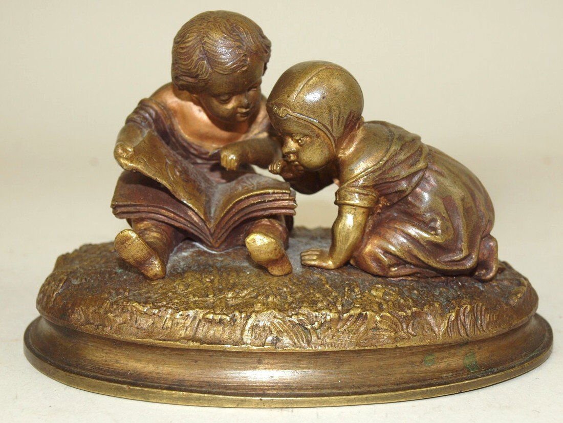Bronze figure of children reading book, 3" x 4 3/4" (1 of 1)