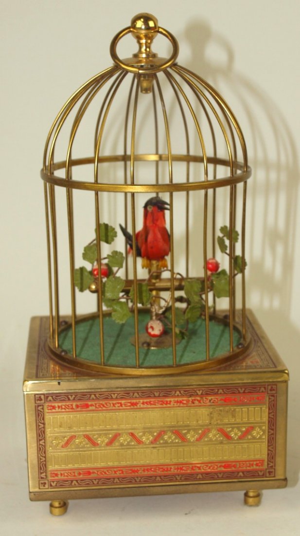Brass bird cage mechanical music box with moving bird, (1 of 1)
