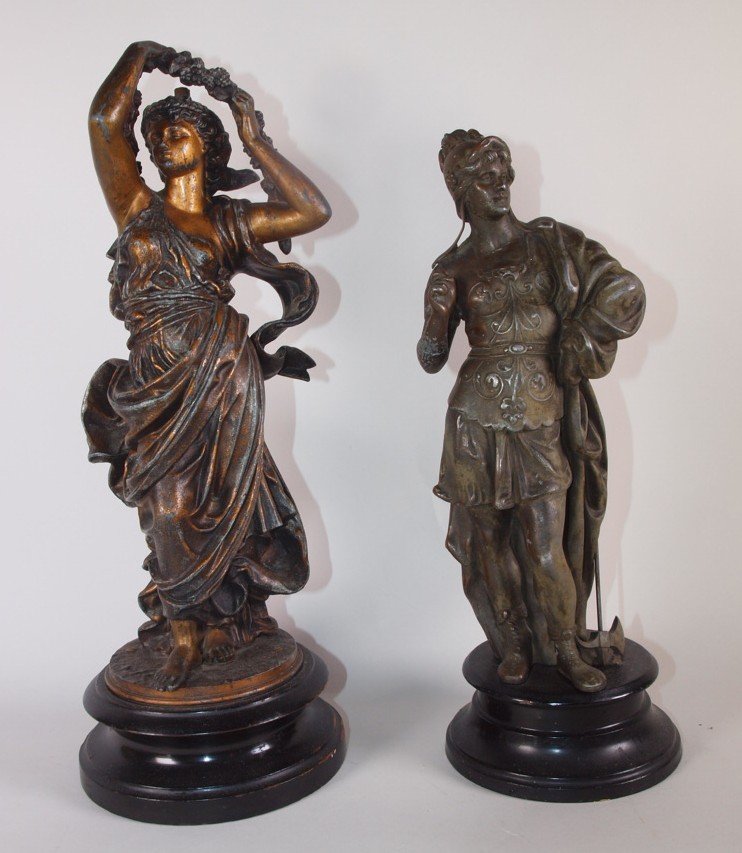 Spelter lot of 2 figures: lady, 16", knight, 13 1/2" (1 of 1)