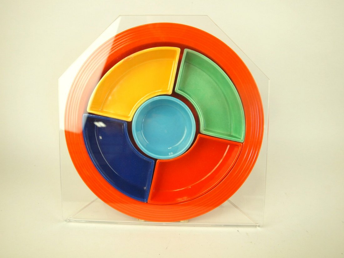 Fiesta relish tray with plexiglass holder, nicks to 4 (1 of 1)