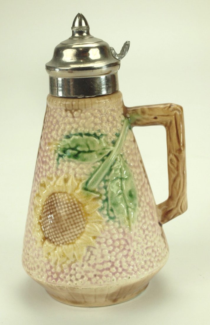 Etruscan majolica sunflower syrup pitcher with pink (1 of 1)