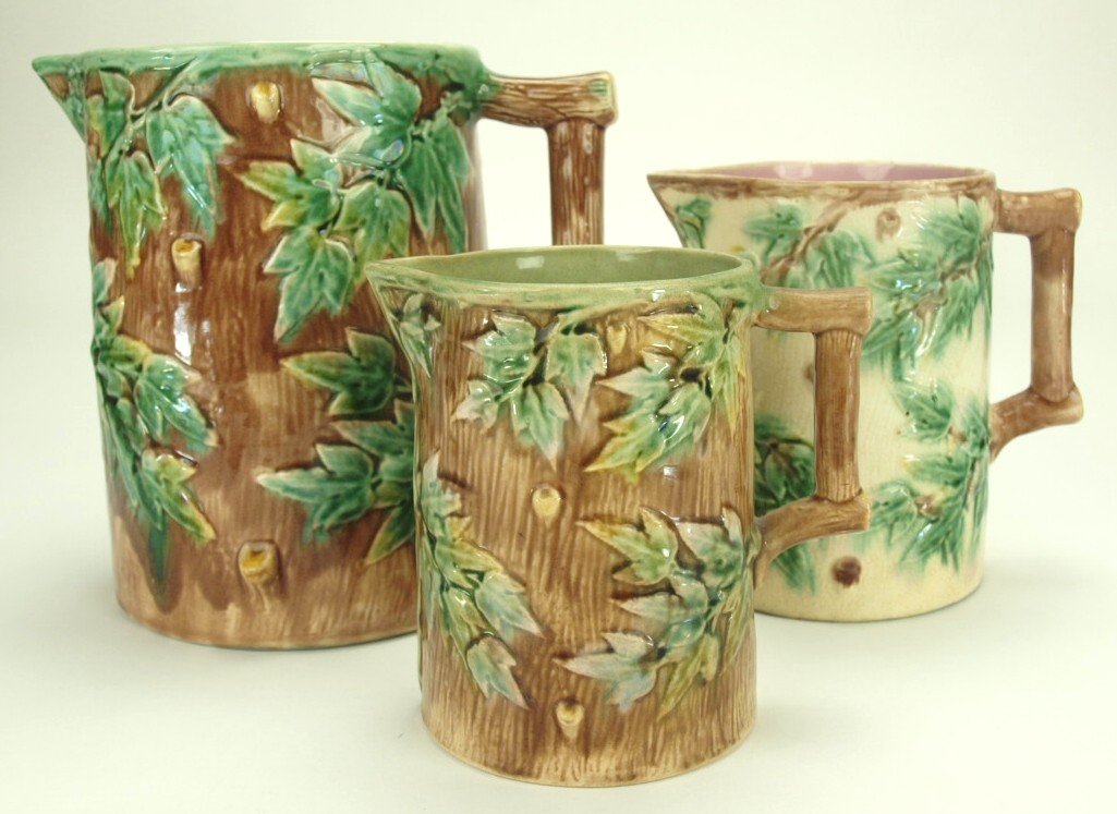 Etruscan majolica lot of 3 rustic graduated pitchers, 8 (1 of 1)