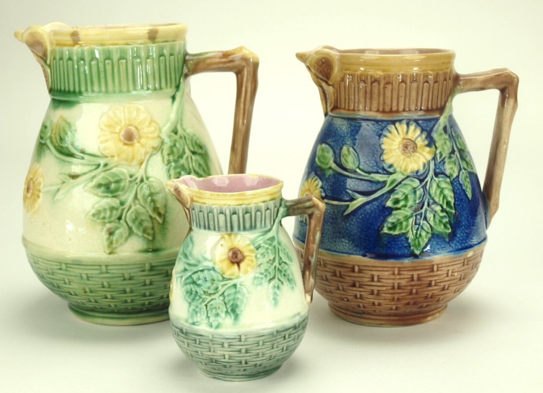 Etruscan majolica lot of 3 wild rose pitchers, (1 of 1)