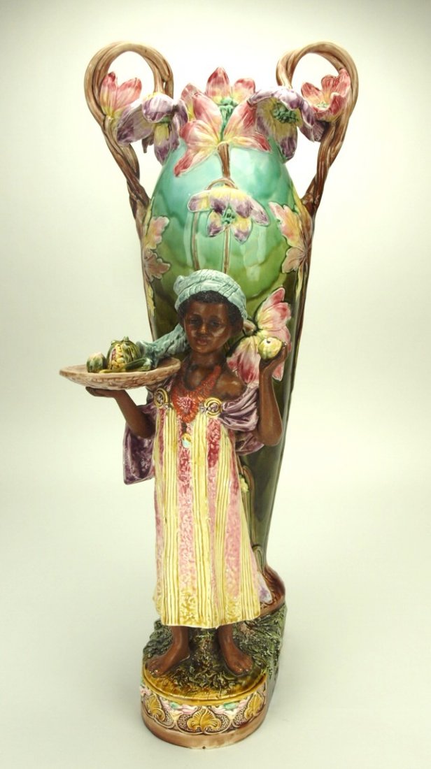 Continental majolica large Blackamoor vase with lady (1 of 2)