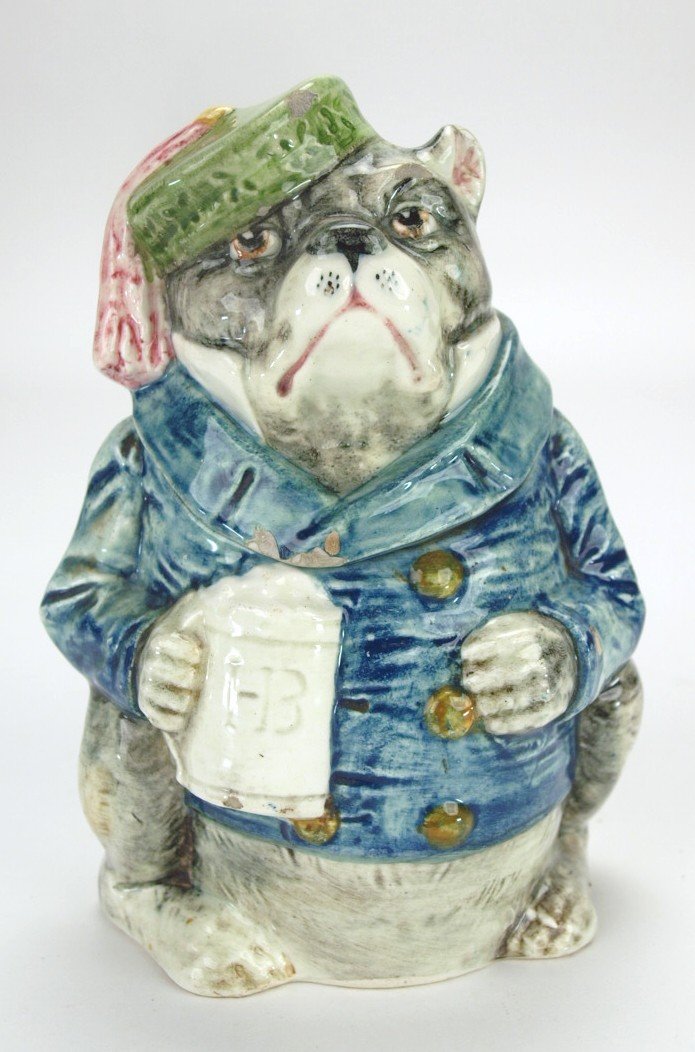 Continental majolica bulldog with blue jacket holding (1 of 1)