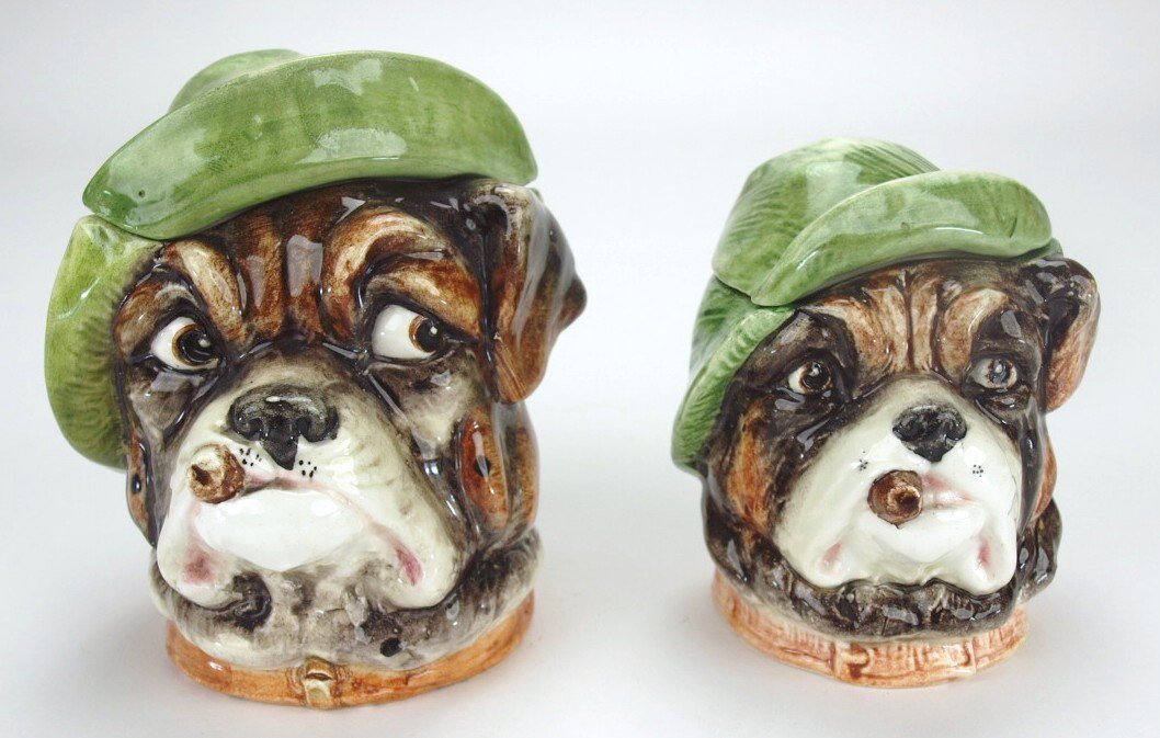 Continental majolica lot of 2 bulldog head figural (1 of 1)