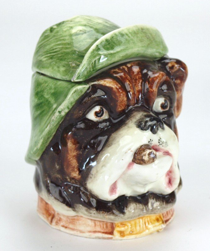 Continental majolica bulldog head with green hat (1 of 1)
