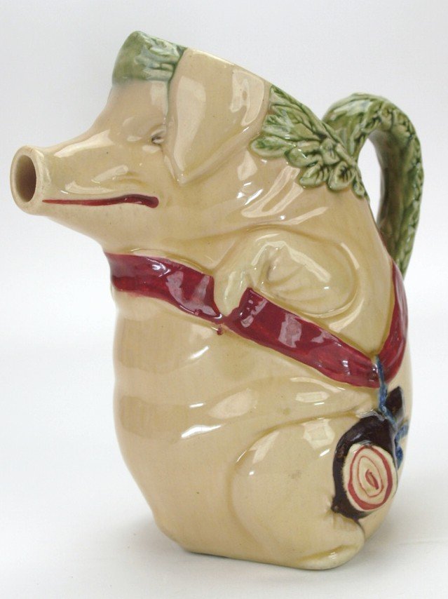 Majolica figural pitcher of pig with ham, 8 1/2" (1 of 1)