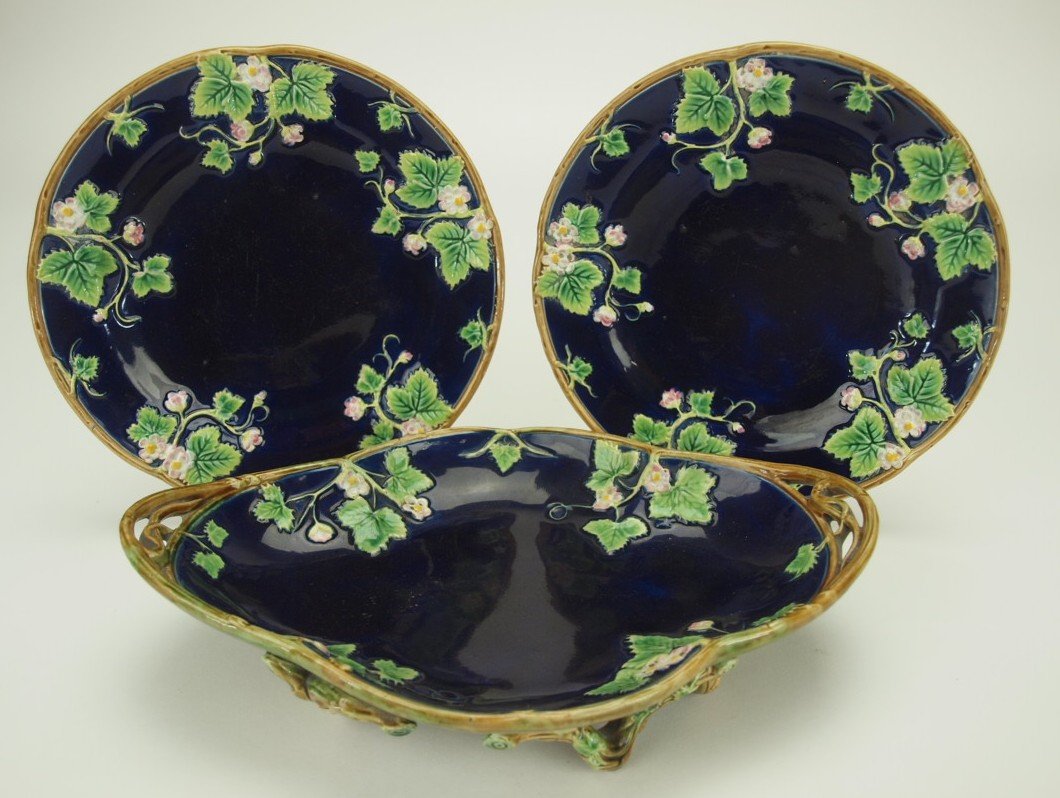 George Jones majolica oval vine footed bowl 11" and: George Jones majolica oval vine footed bowl 11" and 2-8" matching plates with strawberry blossoms