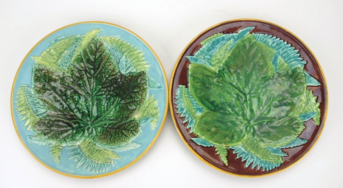 George Jones majolica lot of 2 leaf and fern plates, 8: George Jones majolica lot of 2 leaf and fern plates, 8 1/4", one turquoise and one brown