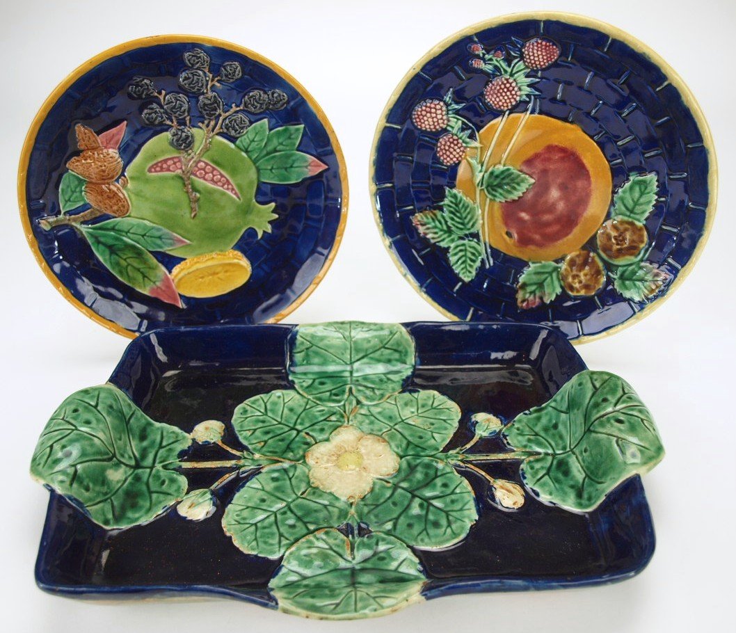 Cobalt majolica pond lily tray, 14 1/2" and 2 cobalt (1 of 1)