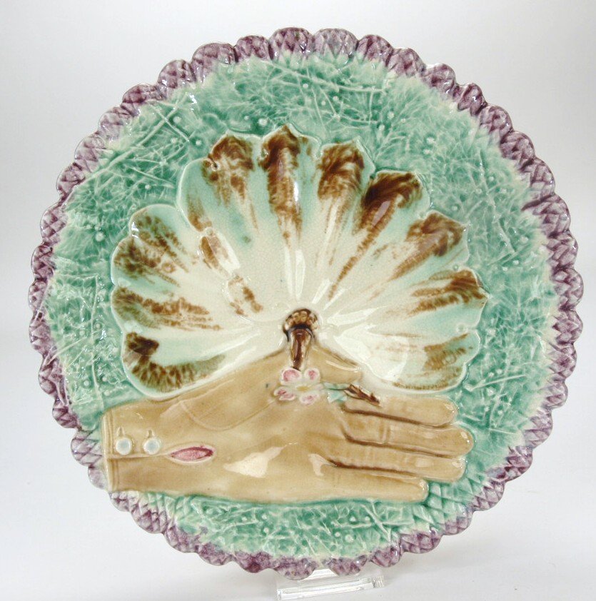 Longchamp rare French majolica hand and shell asparagus: Longchamp rare French majolica hand and shell asparagus plate, professional rim repair, 10 1/4"