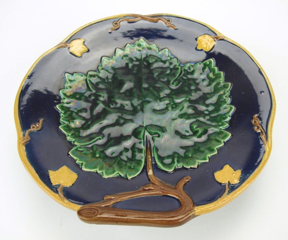 Holdcroft majolica cobalt maple leaf comporte, 9 1/2" (1 of 1)