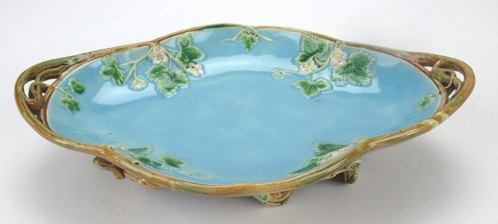 George Jones majolica oval tray with vine handles and: George Jones majolica oval tray with vine handles and feet (loss to part of one foot), 11"
