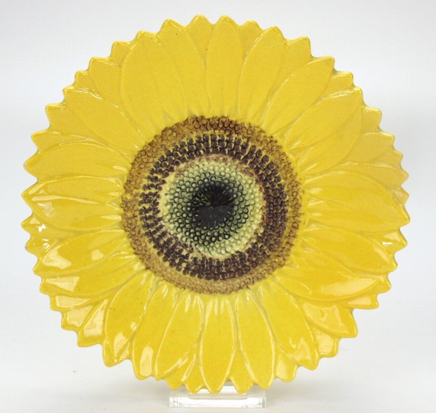 Delphin Massier yellow majolica sunflower plate, 8" (1 of 1)