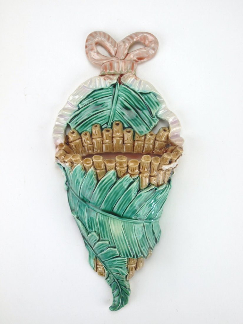 Wardle majolica bamboo and fern wall pocket with ribbon: Wardle majolica bamboo and fern wall pocket with ribbon handle, repairs