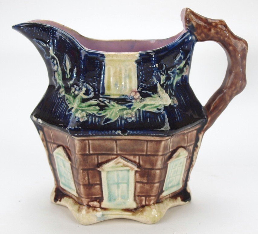 Majolica cottage form pitcher with cobalt roof, 5 1/4", (1 of 1)