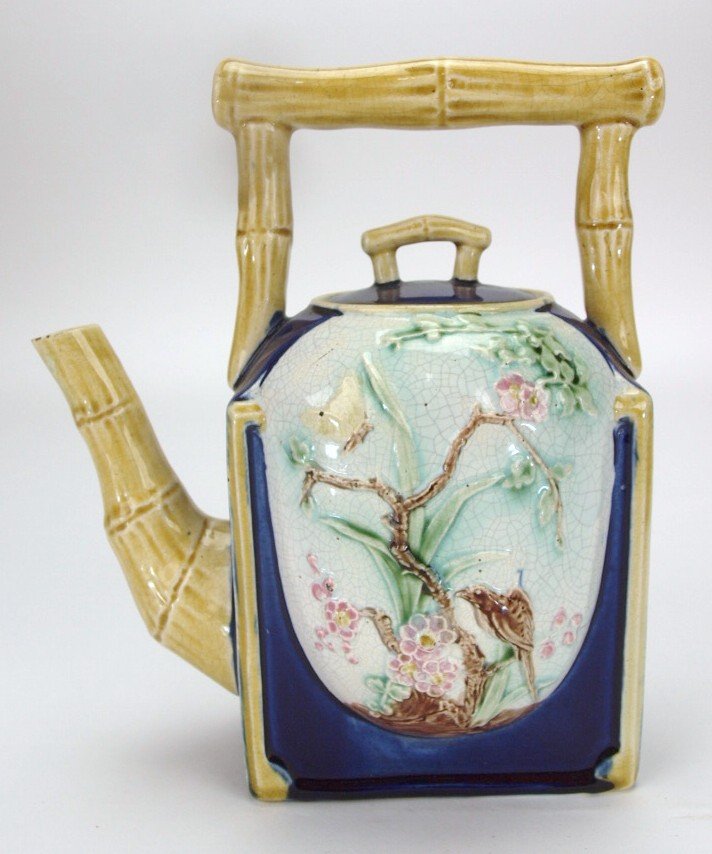 majolica cobalt tea kettle with Oriental motif, 9", (1 of 1)