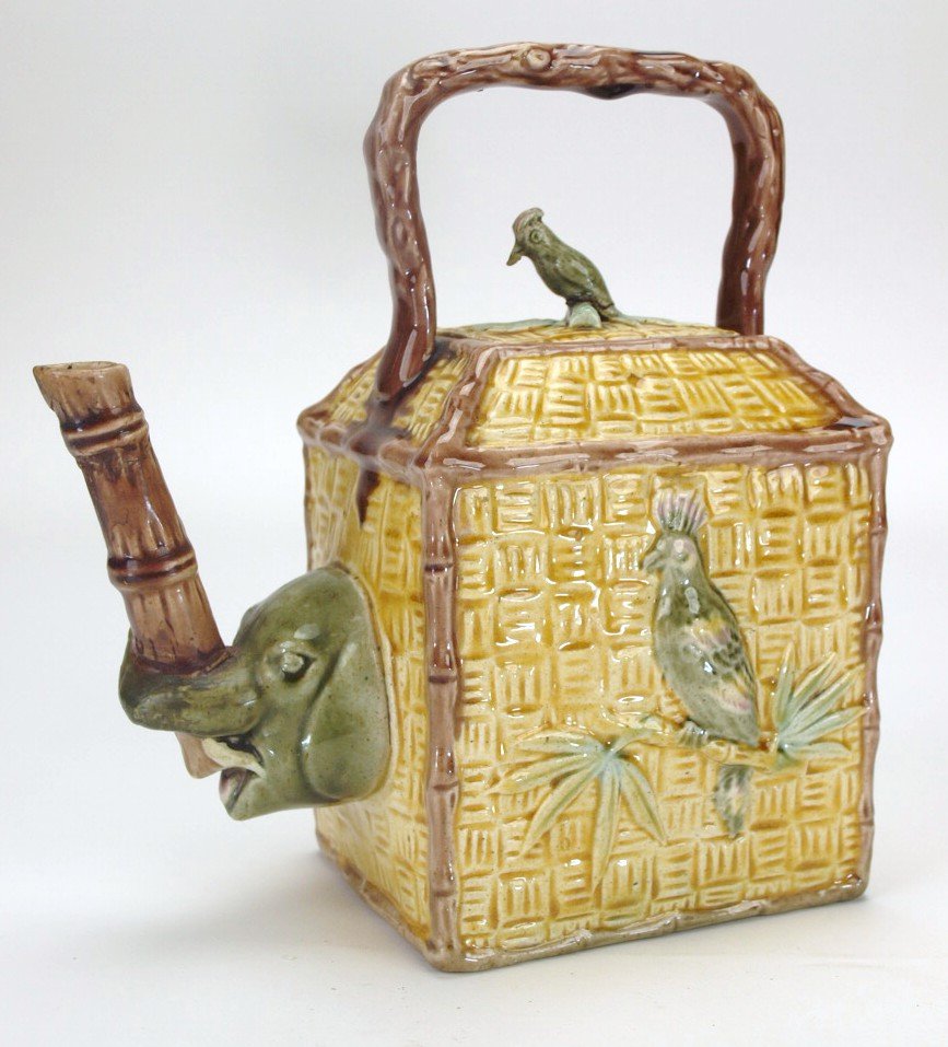 Majolica tea kettle with elephand and bamboo spout, (1 of 1)