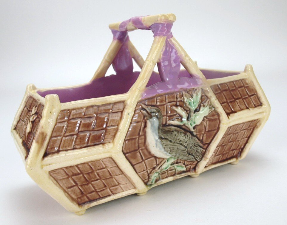 Majolica bamboo and wicker basket with bird and pink (1 of 1)