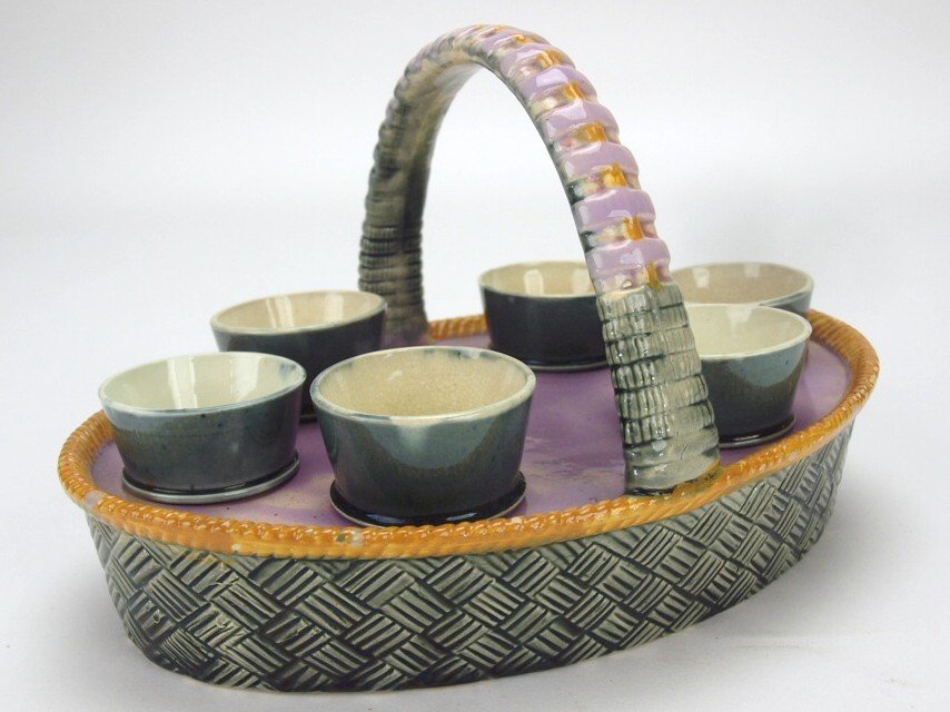 Majolica egg basket with 6 egg cups, 8 3/4"w (1 of 1)