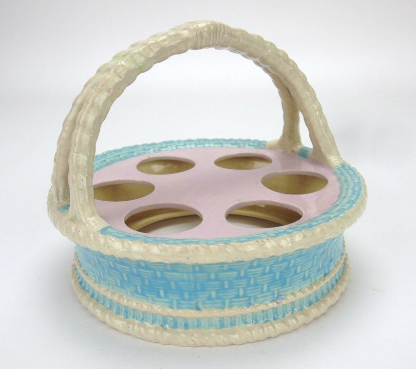 Majolica turquoise and pink egg basket , 7 1/2"d (1 of 1)