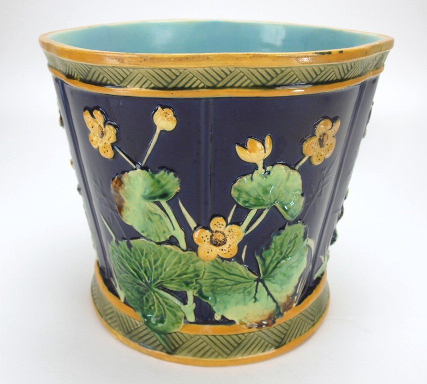 George Jones majolica cobalt geranium jardiniere, 9: George Jones majolica cobalt geranium jardiniere, 9 1/4"h, 10 3/4"d, professional hairline and rim repair