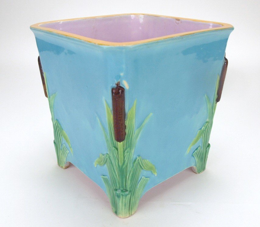 Minton majolica turquoise bullrush square cachepot, 8 (1 of 1)