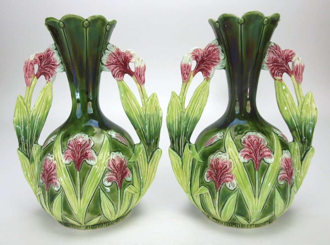 Josef Strnact pair of iris handled vases, 9 1/2" (1 of 1)