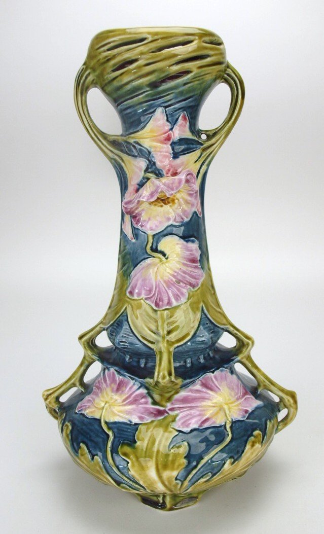 Continental majolica tall flower vase, 14" (1 of 1)