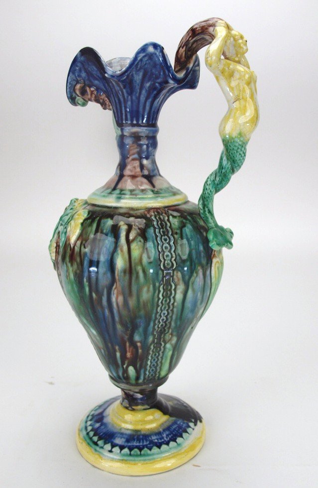 Palissy majolica ewer with mermaid handle, 13 1/2", (1 of 1)