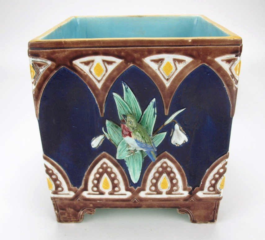 Holdcroft majolica cobalt square cachepot with bird on (1 of 1)